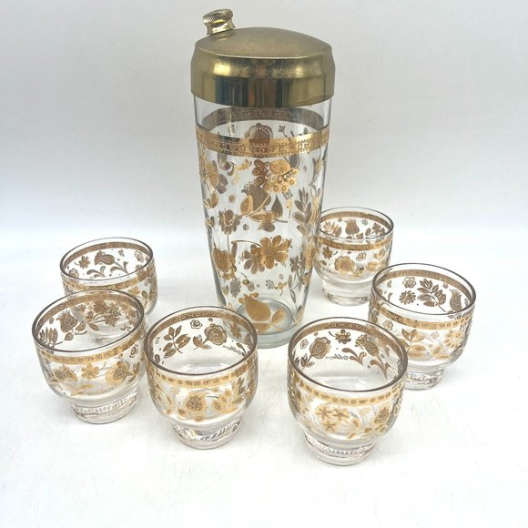 Mid Century Modern Culver Chantilly 22K Gold Shaker and Six Footed Rocks Glasses - Picture 1 of 8